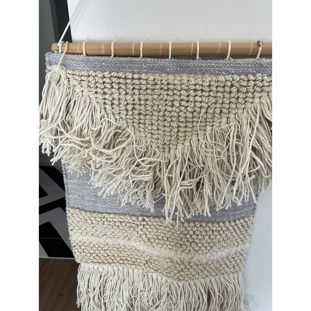 Macrame Wall Hanging Beige Gray Wood Rod Boho 21 x 30"